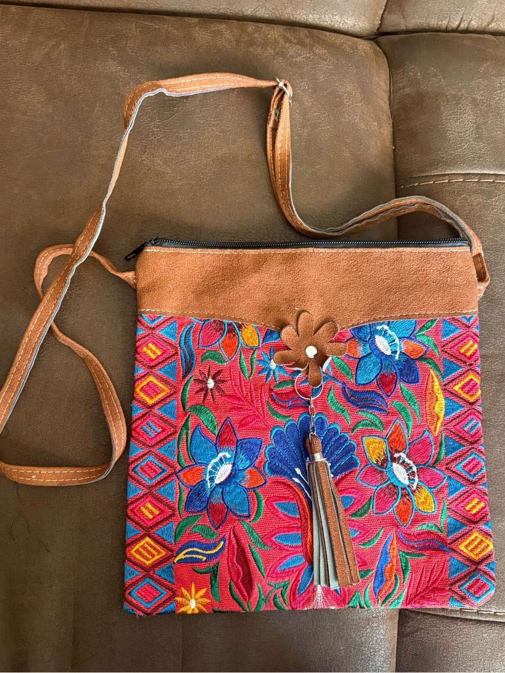 Mexican Embroidered Crossbody Bag in Multicolor with Tan Trim
